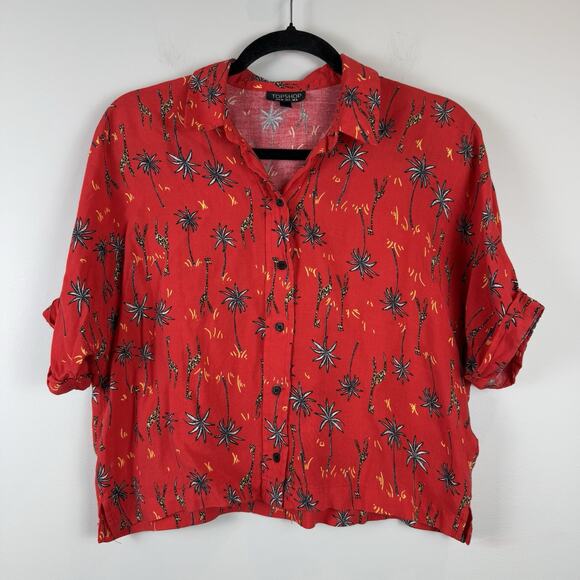 TopShop Women’s Cropped Button Up Top Sz 4 Red Printed Giraffe Tree Eclectic Art - Picture 1 of 8